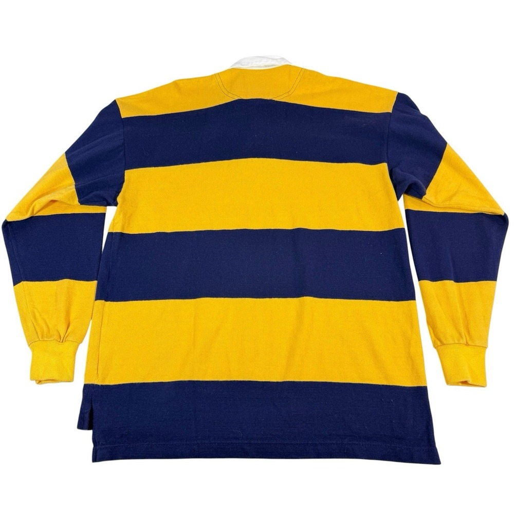 Vtg Dehen Ladycliff College Rugby Polo Shirt Mens LG Colorblock LS Yellow Navy - Picture 2 of 10